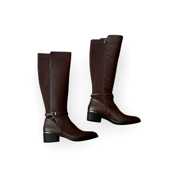 Kenneth Cole New York LANICA Tall Riding Boots 9.5M Brown Leather Knee High 15" - Picture 1 of 8